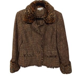 Methode Jacket Womens 12 Brown Blazer Fur Trim Office Business Workwear